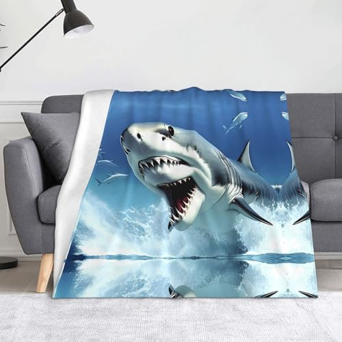 Broleo Faltbare Decke, Überwurf, 152,4 x 127 cm, geeignet für Sofa, Bett, Schlafzimmer, Reisen, Camping, tolle weiße Hai-Drucke