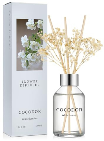 COCODOR Flower Reed Diffuser Set / 3.4oz / White Jasmine/Scent Diffuser with Sticks Home Fragrance Reed Diffuser for Bathroom Shelf Decor