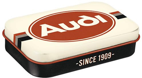 Nostalgic-Art Retro Pillendose XL, 6 x 9,5 x 2 cm, Audi – Logo – Geschenk-Idee für Audi-Zubehör Fans, Original Lizenzprodukt (OLP), mit Pfefferminz-Dragees, Vintage Design