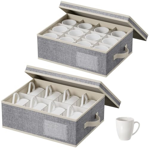 Lifewit 2 Pcs Coffee Mug Storage Box with Dividers, Stackable Cationic Hard Shell Stemware Containers with 24 Cells, Foldable Dustproof China Containers for Moving, Light Grey, 39 x33x14cm