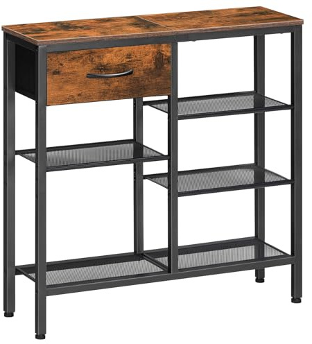 HOOBRO Console Table for Hallway Slim, Hallway Table with Drawer and 5-Tier Storage Shelves, 75 CM Narrow Console Table Behind Sofa, for Living Room, Bedroom, Foyer, Rustic Brown and Black EBF70XG01