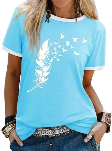 Dresswel Women's T Shirts Feather Print Crew Neck T-Shirt Summer Tops | Casual Short Sleeve Peace Dove Graphic Basic Cotton Tee Shirts