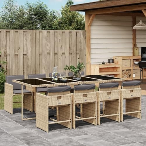 IKAYAA Gartenmöbel Set Rattan 8 Personen Garten sitzgruppe 8 Personen Gartentisch Set mit 8 stühlen Gartengarnitur Sitzgarnitur Essgruppe mit Kissen-Mischung aus Beige-9-tlg-Typ 4