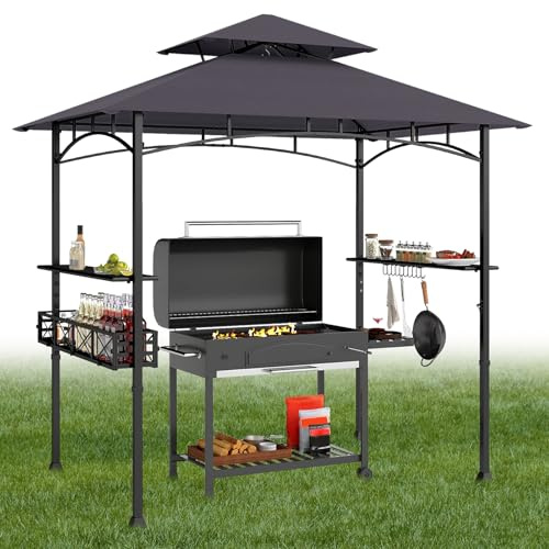 RELAX4LIFE Tonnelle Barbecue Exterieur | Auvent Abri Barbecue | 2 Tablettes de Service | Toit Ventilé | Grand Panier | Crochets | Ouvre-Bouteille | Tonnelle de Jardin Extérieur pour Terrasse Patio