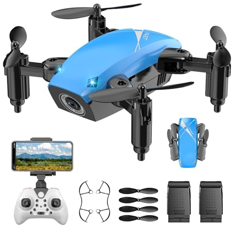 Mini RC Drohne mit Kamera für Kinder, Faltbarer Quadcopter mit Gestensteuerung, Sprachsteuerung und Höhenhaltung, Propellerschutz, 2 Akkus, Geschenk für Jungen und Mädchen ab 8 Jahren (Blau, S9W)