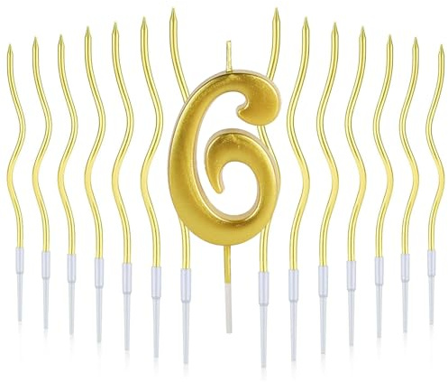 DazzJoy Geburtstagskerzen Zahlen 6 Kuchen Deko, 13 Stück Geburtstagskerze 6 und Spiral Kerze für Torte, Geburtstag Kerzen 6 Gold, Kerzen Geburtstagskuchen Zahl 6 Tortendeko, Gold Kerze 6 Geburtstag