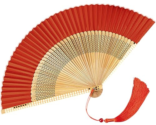 GFM® Bamboo Silk Handheld Folding Chinese Hand Fans Wood Wooden Fan for Summer, Wedding, Party Favour etc (FLSLK-MR-C) (Vibrant Red)(FLSLK-F78-VLLKEK-ll)