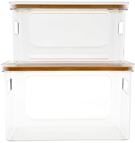 2 dispensadores de Bolsas de Basura, Cajas Transparentes con Tapa, Caja de Almacenamiento con Tapa de bambú y Asas Dobles, apilables para Ahorrar Espacio, para Cocina y lavandería (Transparente