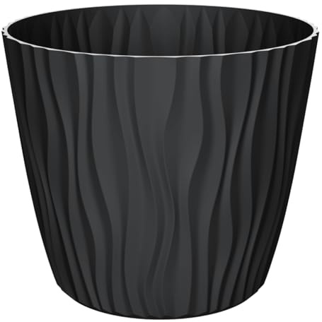 Engelland - 1 x Blumentopf mit Bewässerungssystem, Schwarz, Ø 29 cm, Pflanzkübel, Übertopf, 3D-Wellenmuster, Innen- & Außenbereich, Drainagesystem & Wasserspeicher, rund, Kunststoff