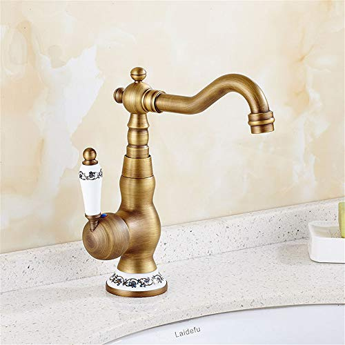 XANAYXWJ Antique Basin Faucet Full Hot and Cold Water Mixer Bathroom Sink Faucet Table Up and Down Basin Retro Single-Hole Rotatable Single-Joint,Ceramic Calabash Dwarf