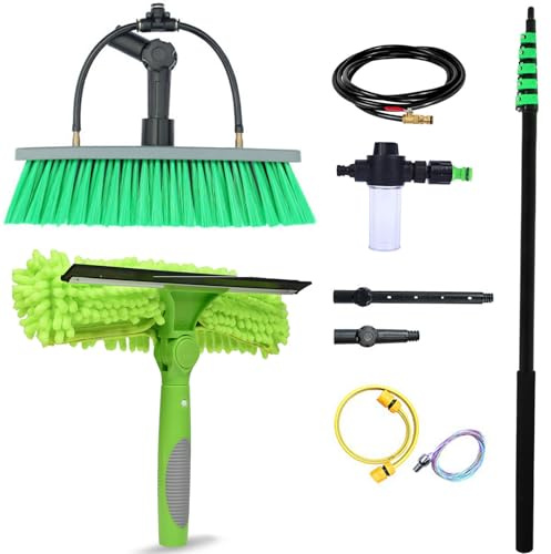 YFSMBD Window Cleaning Brush,6-12M Telescopic Pole Washing Kit, Water-fed Brush,Squeegee,Soap Dispenser & 12m Hose,Water Fed Window Cleaning Pole Aluminium,Cleaner for Solar Panels & Roofs (7.2M)