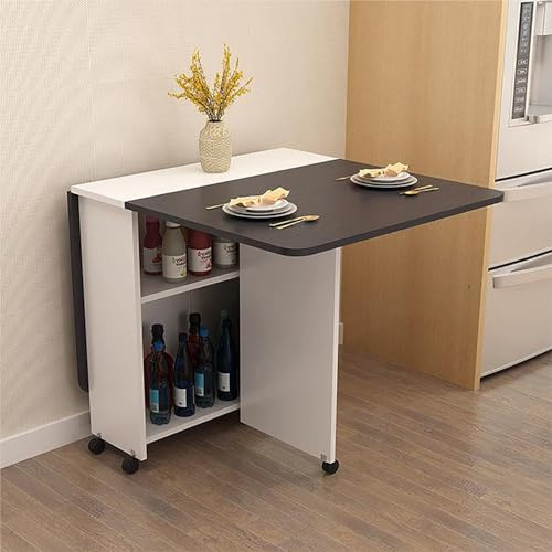 Tavolo da pranzo pieghevole allungabile con 6 ruote, design a scomparsa salvaspazio, ripiani aperti per lavoro, studio e sala da pranzo, elegante finitura in bianco e nero.