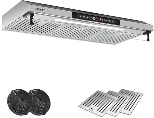 KB ELEMENTS Dunstabzugshaube 90cm, Umluft/Abluft Dunstabzugshaube mit 650m³/h starke Saugleistung, Doppelter Motor, Touch-Gestensteuerung, Multifunktionales Touch Display