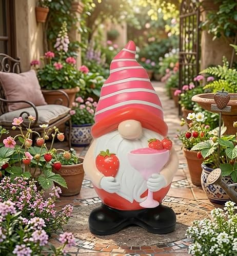 New Cute Cocktail Gnome Figurine Garden Ornament – Decorative Outdoor Garden Gnome Statue for Patio, Garden Borders & Outdoor Bar Or Indoor Home Décor-A21 (Strawberry)