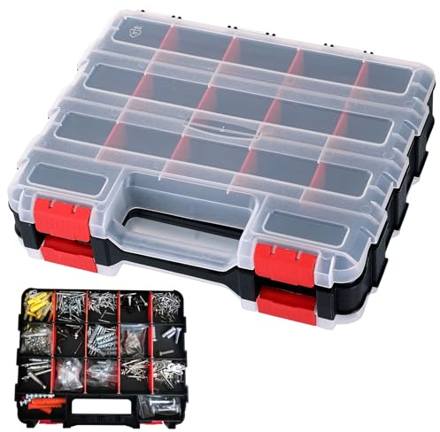 DASBET 1PC Double-Sided Tool Organizer 34-Compartment Storage Box Screw Storage Removable Dividers Tool Box with Transparent Lid DIY Hardware Assortment Organizer for Screws, Nuts, Small Parts (Red)
