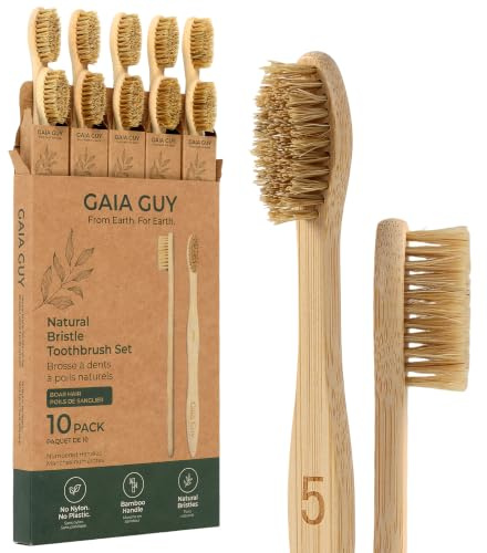 Gaia Guy vildsvinsborst bambutandborstar – 10-pack naturliga borstborstborstar, plastfria och nylonfria, numrerade bambuhandtag, medium vildsvin hårborst för vuxna och familjer