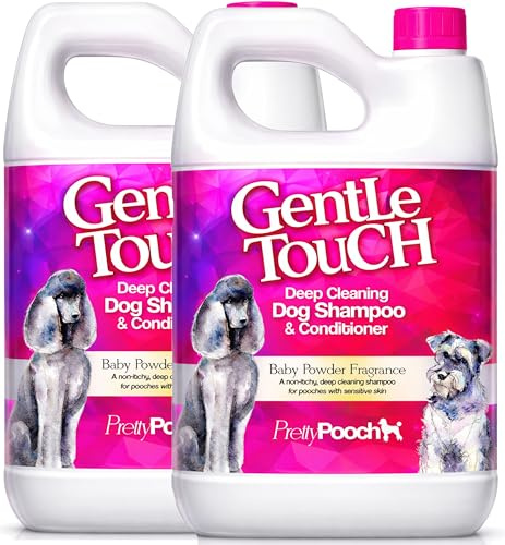 Pretty Pooch® Gentle Touch Shampoo und Conditioner für Hunde, ein nicht juckendes, professionelles Tiefenreinigungsshampoo für Hunde mit empfindlicher Haut (4 l, Babypuderduft)