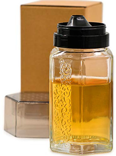 TOSSOW - Dispenser in vetro per miele, contenitore per olio, condimenti, olio, aceto, con versatori e imbuto, caraffa decanter per olio d'oliva, beccuccio antigoccia, per cucina, 350 ml, nero