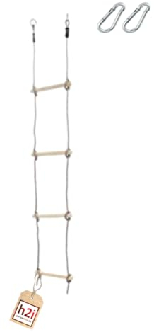 h2i Strickleiter für Kinder | Kletterleiter mit 4 Holzsprossen | Hängeleiter aus Holz | Seilleiter inkl. Karabiner | Outdoor Kletterspielzeug | Höhe 150 cm