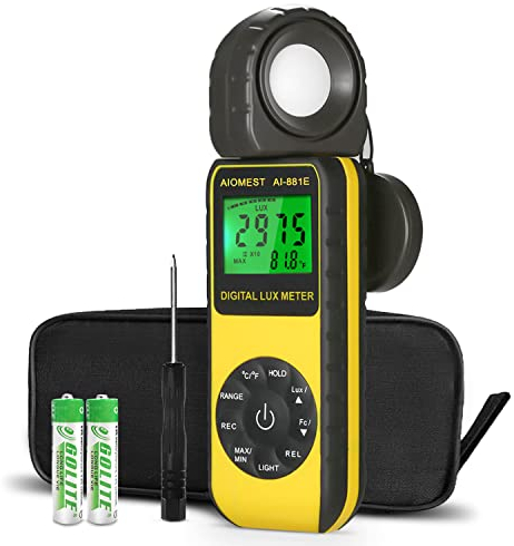 AIOMEST Digital Luxmeter Tragbare, 270° Drehbarem Detektor Belichtungsmesser, 0,01~300,000 Lux Illuminance Meter Light für LED Pflanzenwachstum Licht, Indoor Outdoor Lights, Aquarium, AI-881E, Gelb