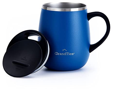 GRANDTIES Taza de café térmica con asa y tapa deslizante para protección contra salpicaduras, 460 ml, forma de copa de vino, taza de café para llevar, doble pared, acero inoxidable, mantiene las