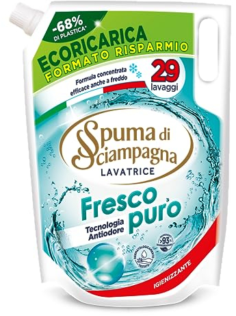 Spuma di Sciampagna - Ecoricarica Detersivo Lavatrice Fresco Puro, Formula Concentrata con Tecnologia Antiodore, Igienizzante con 93% di Ingredienti Biodegradabili - 1305 ml, 29 Lavaggi
