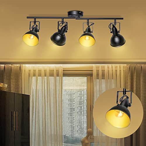 Unikcst Deckenstrahler 4 flammig E14 Schwarz Gold mit 2700K Leuchtmittel | Vintage Industrial Metall Deckenleuchte mit 350° drehbarer Halterung, 90° schwenkbar Spots für Küche Wohnzimmer Schlafzimmer