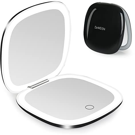 deweisn Compact Mirror, Lighted Travel Makeup Mirror with 1X/10X Magnifying Double Sided Dimmable Portable Pocket Mirror for Handbag, USB Charging(Black)