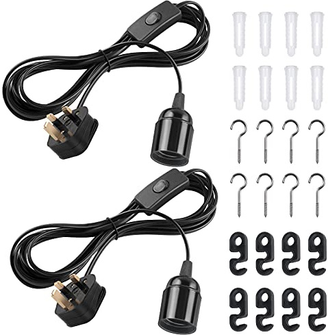 DiCUNO E27 Lampholder, Pendant Light Fitting Kit, Black, 4M, 2Pcs | For Pendant Light, Suspended Ceiling Lighting Fitting