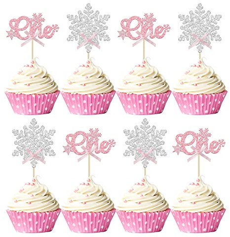 Gyufise 24Pcs Snowflake One Cupcake Topper with Pink Bow Girl First Birthday Snowflake Cake Toppers Winter Wonderland First Birthday Decorations Gender Reveal Party Supplies