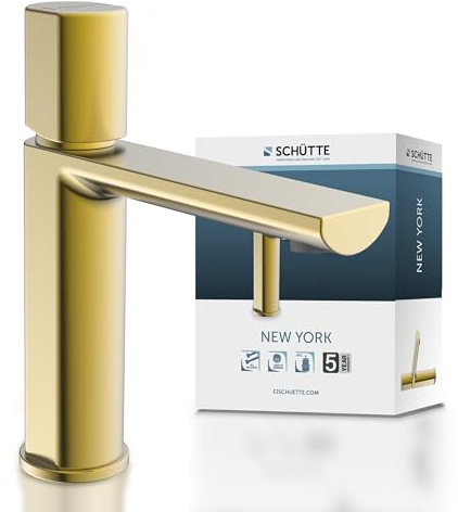 Schütte 33617 NEW YORK Waschtischarmatur Gold mit Ablaufgarnitur, Mischbatterie mit Pop-Up Ventil, Badarmatur Waschbecken, Einhebelmischer Badezimmer, Wasserhahn Bad, Gold