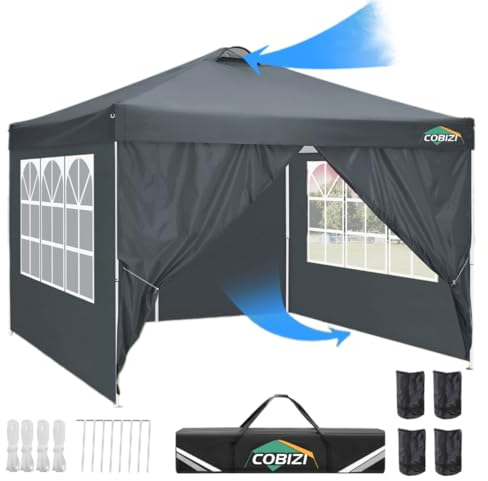 COBIZI Pavillon 3x3, UV-Schutz 50+ Faltpavillon 3x3 Wasserdicht Stabil Winterfest mit 4 Seitenteilen und 4 Sandsäcke,Pop up Pavillion Klappbar 3x3m Pavillon für Camping,Strand,Familientreffen (Grau)