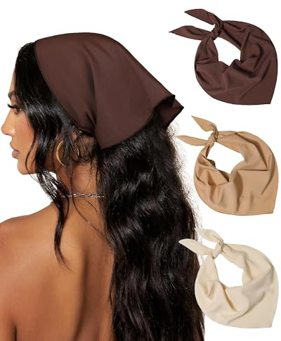 AWAYTR 3Pcs Hair Bandanas Head Kerchief for Women Girls Tie-Back Boho Hair Scarf Headband Bandana Triangle Head Scarf (Solid Color - Beige/Khaki/Brown)