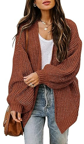 Jhsnjnr Cardigan surdimensionné en tricot épais ouvert sur le devant à manches longues lanterne pour femme, Café, L