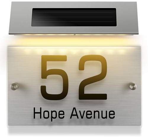 DOITOOL Solar Address Sign House Number Light up Home Address Numbers with Led Solar Doorplate Lamp for Outdoor Patio Garden Porch Diy Alphabet Stickers 9.25X8.66X5.51 Inch