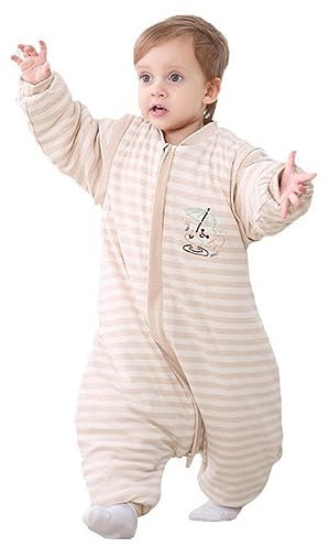 Chilsuessy Baby Schlafsack mit Beinen und abnehmbaren Ärmeln Kleine Kinder Strampler Schlafanzug Winter Babyschlafsack mit Füßen Bio Buamwolle, Streifen/3.5 Tog, 95cm/Baby Höhe 100-115cm