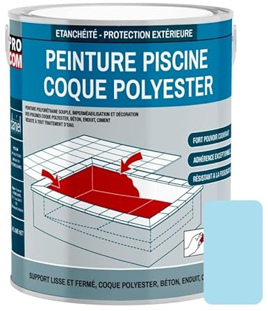 PRO COM Peinture piscine coque polyester et béton, peinture piscine polyuréthane étanche et souple 3 Kg