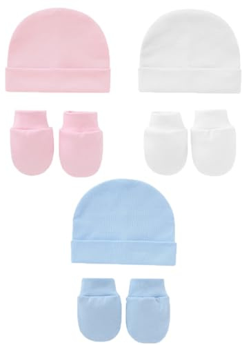 Snegyu Gorro de hospital de algodón para recién nacido, gorro y manoplas antiarañazos, para bebés recién nacidos de 0 a 3 meses, gorro y guantes esenciales, 6 piezas