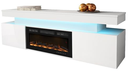 Mirjan24 TV-Lowboard Serkuzo EF 2D mit Elektrokamin (Weiß Hochglanz) | Realistische LED-Flamme mit 10 Farben, Heizfunktion bis 20 m², Fernbedienung und gehärtetem Glas, B/H/T: 190/59/41 cm