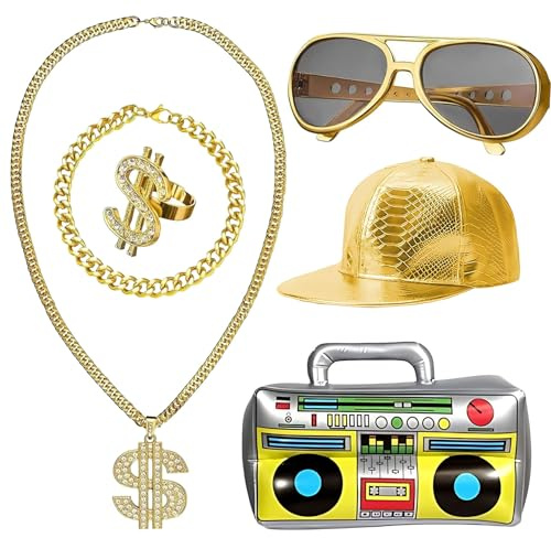Hpbaggy Hip Hop Kostüm,6 Stück Zuhälter Kostüm mit Hip Hop Hat/Dollar Kette/Dollar Ring/Goldene Armband/Goldene Brille/Aufblasbare Boom Box,80/90er Rapper Accessoires für Fasching Karneval