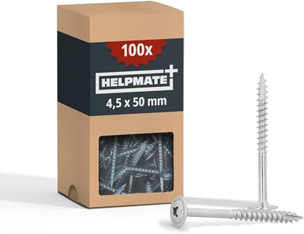 HELPMATE - Lot de 100 vis à bois à tête plate 4,5 x 50 mm galvanisées – Vis à bois avec entraînement PZ2 et encoche de coupe – Pour la fixation de ferrures métalliques sur