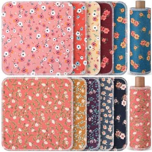 Redbaker 50 Pcs Reusable Paper Towels Paperless Reusable Cotton Cloths Absorbent Washable Paper Towels with Roll Kitchen Dishcloth for Kitchen Paperless Dishcloths(Vintage)