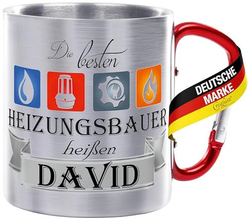 Crealuxe Edelstahltasse mit Karabiner - Die Besten Heizungsbauer heißen Wunschname - 330ml, Tasse personalisiert, Kaffeetasse, Bürotasse, Metalltasse mit Name, Geschenk