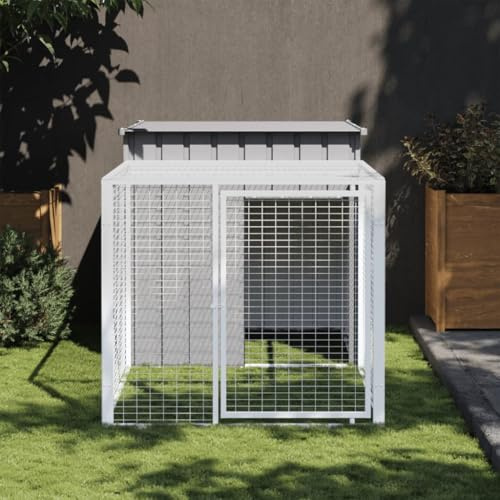 DJEKA Hühnerkäfig Hühnerstall mit Auslauf Hühnerhaus 110x201x110 cm Kleintierstall Freilaufgehege Kleintiergehege Voliere Hellgrau Hühnerkäfig Bausatz Stahl Verzinkt
