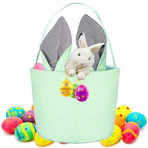 42*23Cm Großer Osternest Grün Osterkorb für Kinder Ostertüten zum Befüllen Leinwand Taschen Osterkörbchen Niedliche Hasenohren Taschen Für Ostergeschenkkö Rbe, Osterei Jagd, Osterdekoration (Grün) (A)