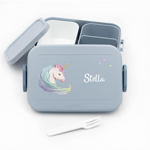 Geschenkfreude Brotdose Kinder für Mepal mit Namen - Einhorn | Schule, Kindergarten, Einschulung, für Mädchen, spülmaschinenfest, mit Fächern, mit Bento-Einsatz, Lunchbox Kinder, Snackbox