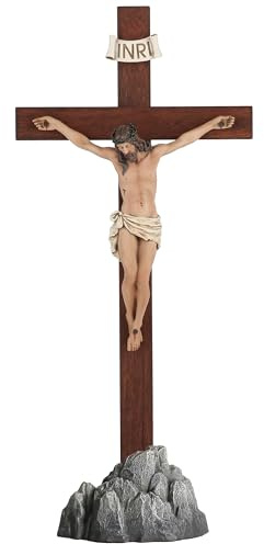 Crucifijo de pie – Cruz de madera pintada a mano, decoración de mesa católica de Jesús de pie, decoración del hogar, regalos religiosos de 15 pulgadas