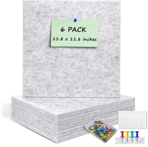 ANLIOTE 6 Pack Cork Board Felt Bulletin Board with 60 Push Pins, 1/2 Thick Pinboard Square Tiles for Wall Organizer - Home Office Classroom Decor, Photo Display, Memo Board (11.8x11.8- Light Grey)