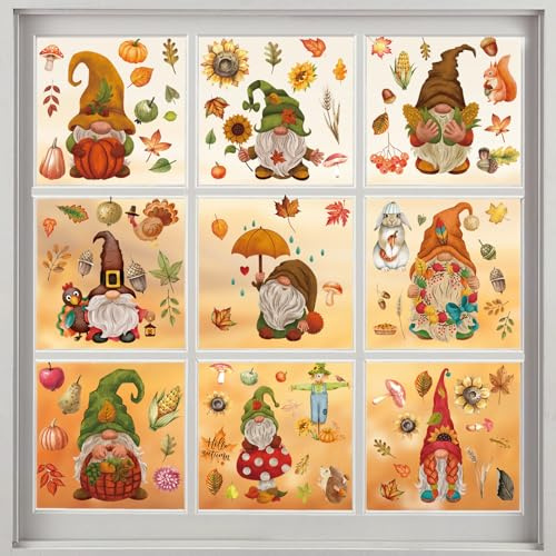 KIKISML Herbst Deko Fensterbilder, Thanksgiving Halloween Dekoration Fensteraufkleber mit Ahornblätter Gnome Kürbis, Erntedankfest Fensterdeko, 101 Stück Selbstklebend Statische Aufkleber