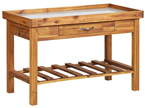 Homgoday Pflanztisch mit Zink-Arbeitsplatte Massivholz Akazie Rasen, Garten Model46561
